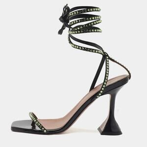 Amina Muaddi Vita Crystal Embellished Patent Lace Up Tie Heels Sandals 41